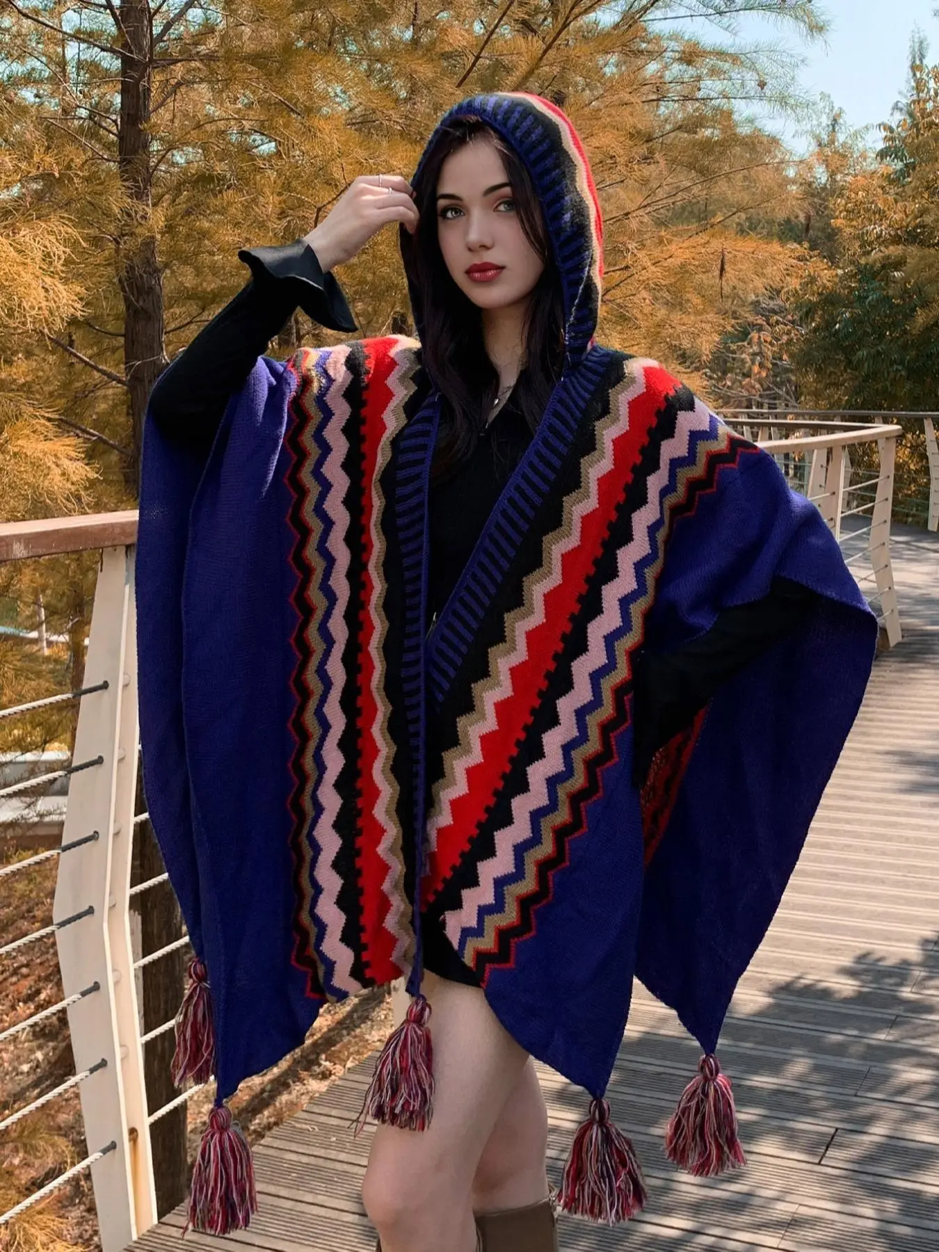 Women's Colorblock Striped Pattern Cape Shawl, Casual Windproof Tassel Hooded Cape Shawl for Fall & Winter, Fashion Accessories for Women & Girls