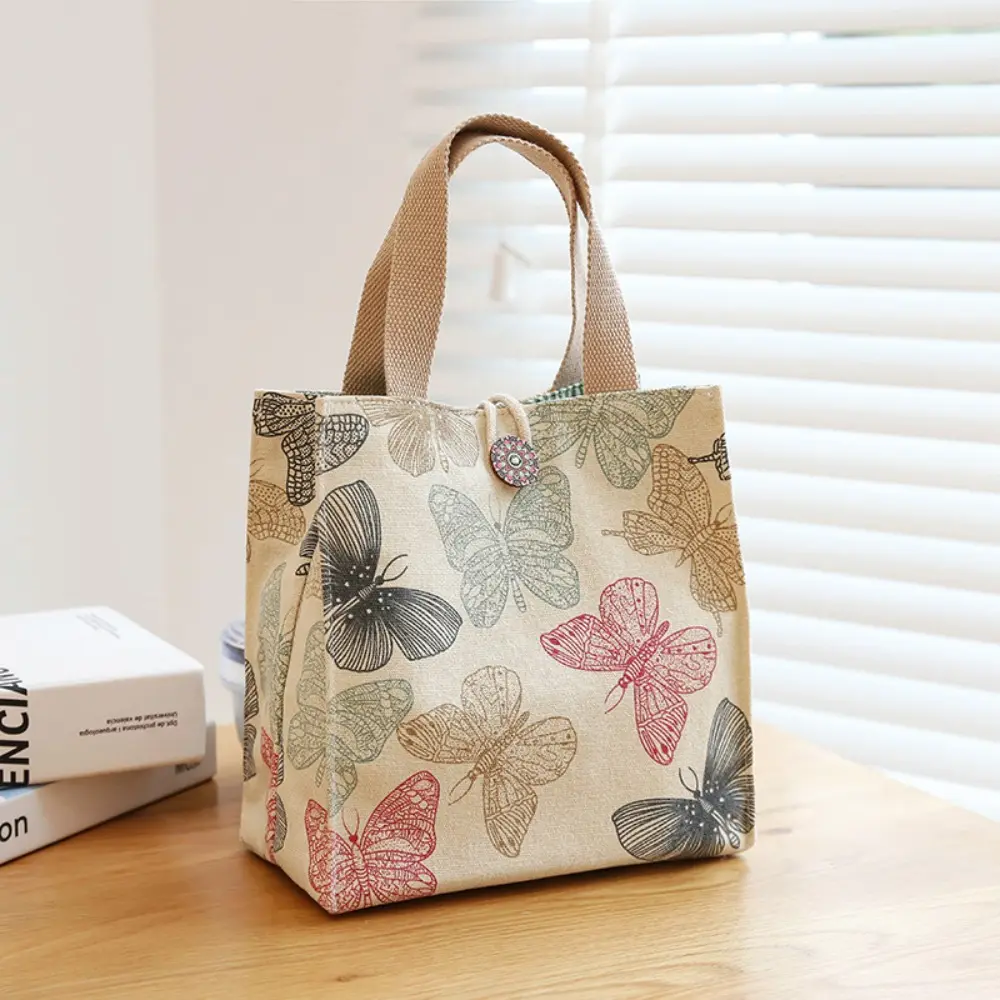 New Printed Butterfly Lunch Bag for Women Girla Large Capacity Work Food Container Bags Portable Canvas Travel Picnic Lunch Bags
