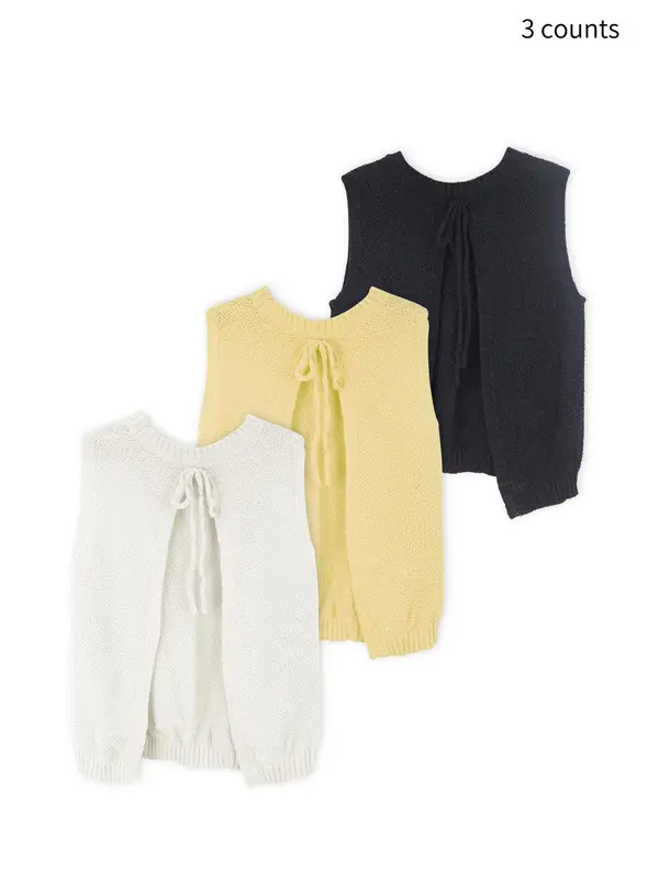 Women's Solid Split Tie Back Sweater Vest, Minimalist Fit Casual Round Neck Sleeveless Knit Top for Spring & Fall, Fashion Women's Knitwear for Daily Wear 8