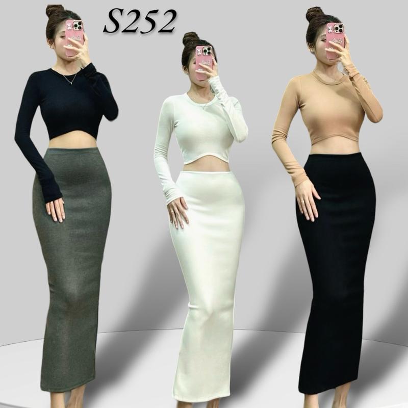 S252 - Set Áo Croptop Tay Dài + Chán Váy Ôm Xẻ Sau - Ngọc Lucie Nữ Women