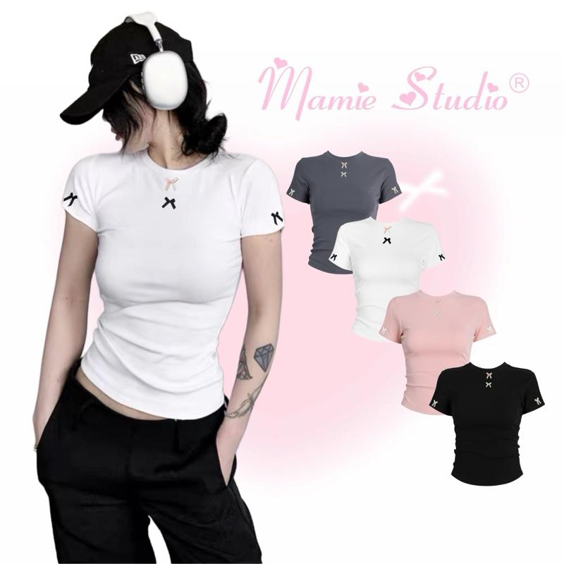 Áo thun đính nơ MaMie form ôm body cho nữ, baby tee đủ màu chất cotton co giãn thoải mái.