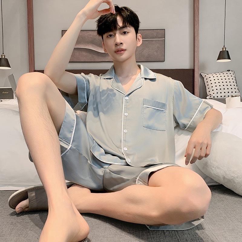 Bộ ngủ đùi pijama trơn viền trắng nam nữ chất lụa cao cấp Menswear