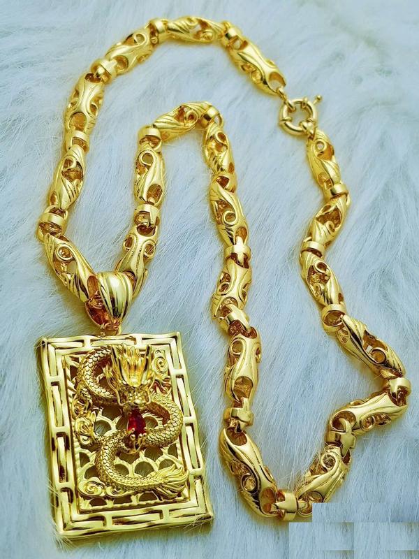 Dây chuyền nam mặt rồng vàng ôm ngọc mẫu mới màu vàng 24 sáng đẹp