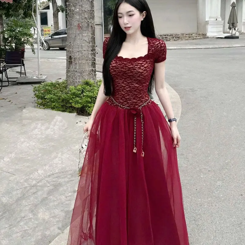 Bb36 Váy Ren Nhung Chân Lưới Dài Kèm Dây Eo Hoa ( chuẩn ảnh) tôn dáng nữ tính,38-54kg,szS/M 1