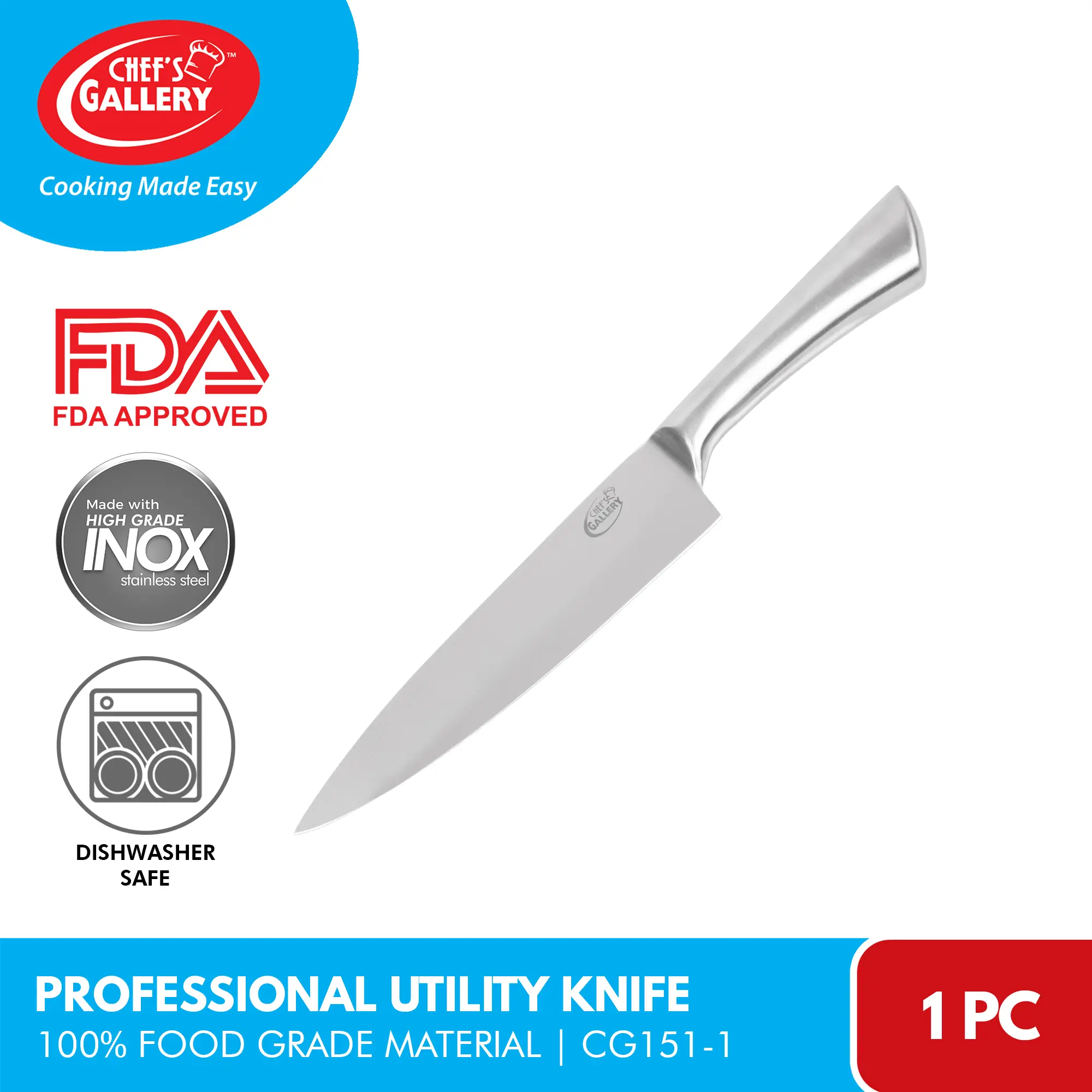 Chef's Gallery Professional Cooking Knife with Tip Protector | High-Grade Inox Stainless Steel | Multi-Purpose Food, Fruit, Vegetable and Meat Cutter | 100% Food Grade Material | FDA Approved | CG151-1B