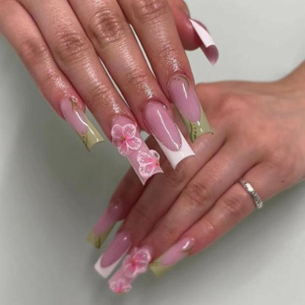 Product Introduction of Mid-Length Ballet Nail Ice Transparent Pink Creamy Green Color Matching Nail Sticker Wear Nail Wholesale Finished Product 24 Pieces Nails 1
