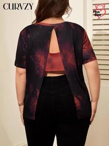 CURVZY Plus Size Tie Dye Print Cut Out Split Hem Tee, Casual Fashion Short Sleeve Round Neck T-shirt for Daily Wear, Women Plus Clothing for All Seasons