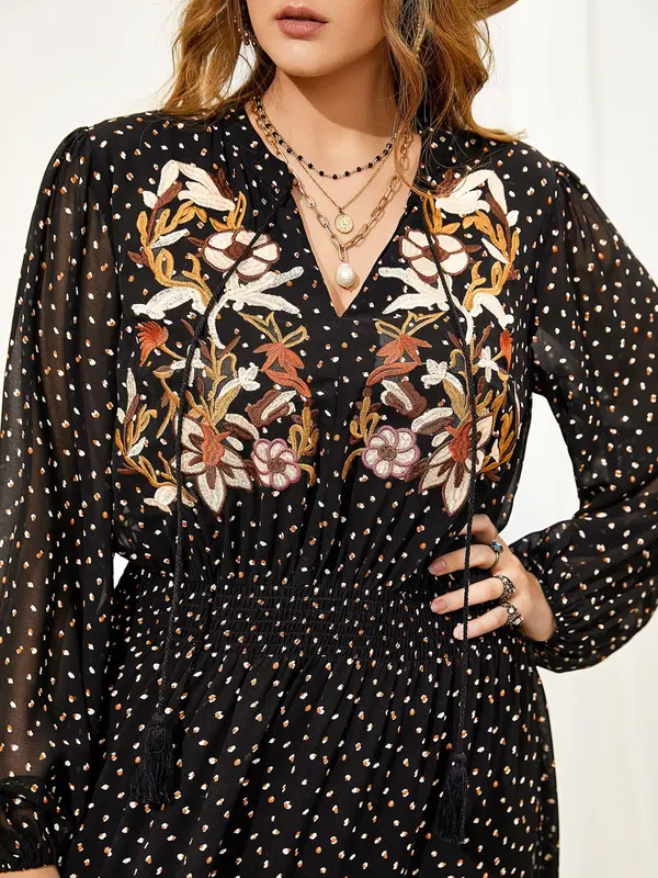 【Plus Size】 Floral Embroidery Tassel Ruffle Hem Dress, Boho All Over Print Notched Neck Long Sleeve A Line Dress, Dresses for Women, Holiday Dresses, Summer Outfits 2024, Ladies Dresses, Women's Clothes, Dresses for Women, Belleza Fits 6