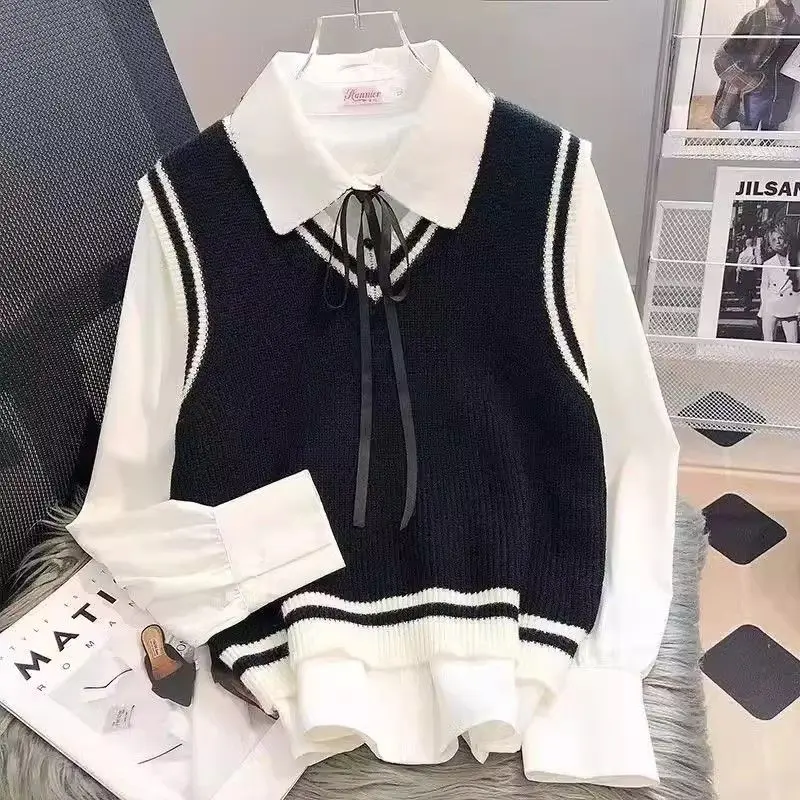 Bộ Đồ Phong Cách Preppy, Cho Bé Gái, Phong Cách Hàn Quốc, Áo Sơ Mi Nơ Dáng Rộng Rãi, Áo Vest Dệt Kim, Bộ Đồ Hai Mảnh, Thời Trang, Quần Áo Nữ, Thích Hợp Cho Mùa Thu 6