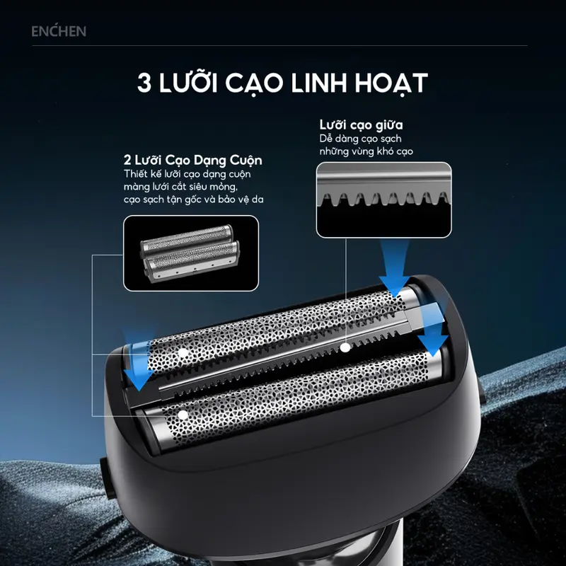 Máy cạo râu Enchen MS001 3 lưỡi dao linh hoạt, động cơ cạo mạnh mẽ chống nước toàn thân - BH 6 tháng 3