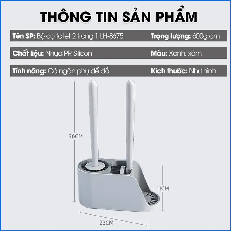 [LADOHOME] Bộ cọ chà bồn cầu, bàn chải toilets nhà vệ sinh đầu silicon 2 trong 1 LH-8675, đầu vòi silicon mềm mại 1