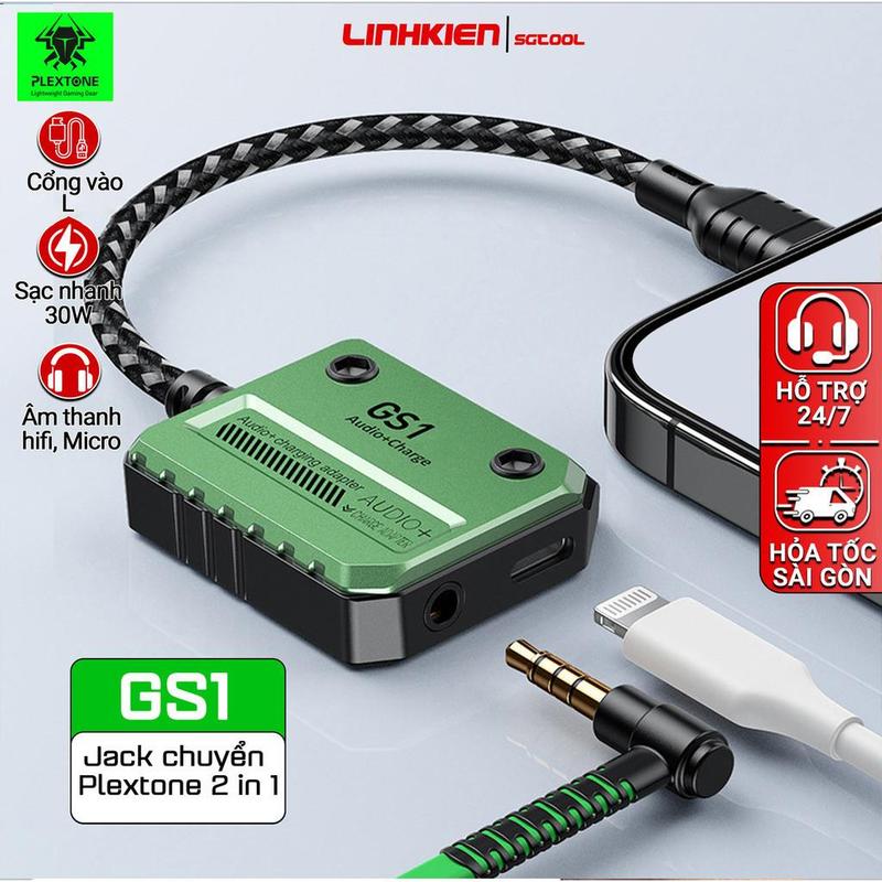 Cáp chuyển đổi âm thanh Plextone GS1 Lightning 2 in 1  hỗ trợ sạc nhanh PD 30W 3.5mm có mic cho lPhone 14 13 12 11 8