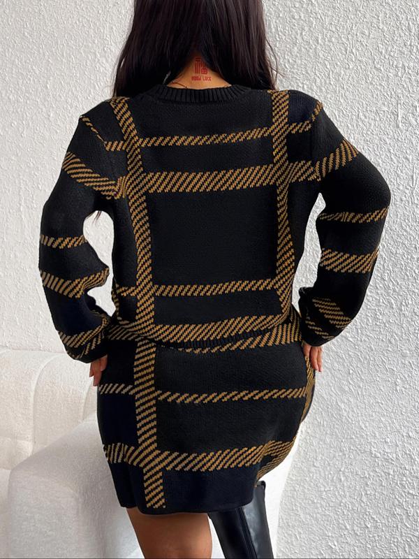 Women's Random Pattern Drop Shoulder Sweater & Elastic Waist Short Skirt Two-piece Set, Casual Fashion Cozy Knitwear Set for Daily Outdoor Wear, Women Knitwear for Fall & Winter 1