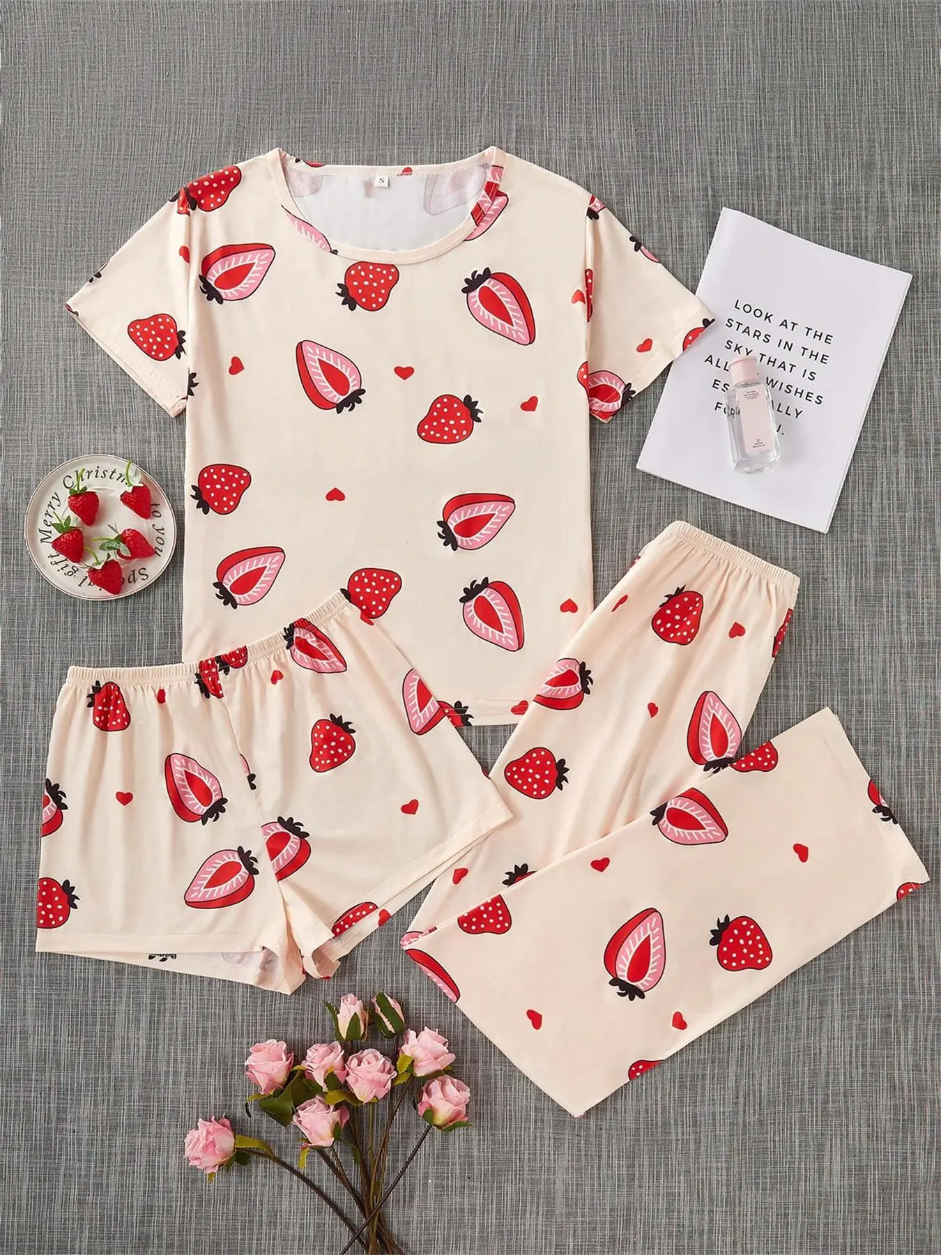 Three-Piece Set Women's Strawberry Print Tee & Elastic Waist Shorts & Pants Pyjama Set, Casual Comfy Round Neck Short Sleeve T-shirt & Shorts & Trousers PJ Set, Ladies Sleepwear for Spring & Fall