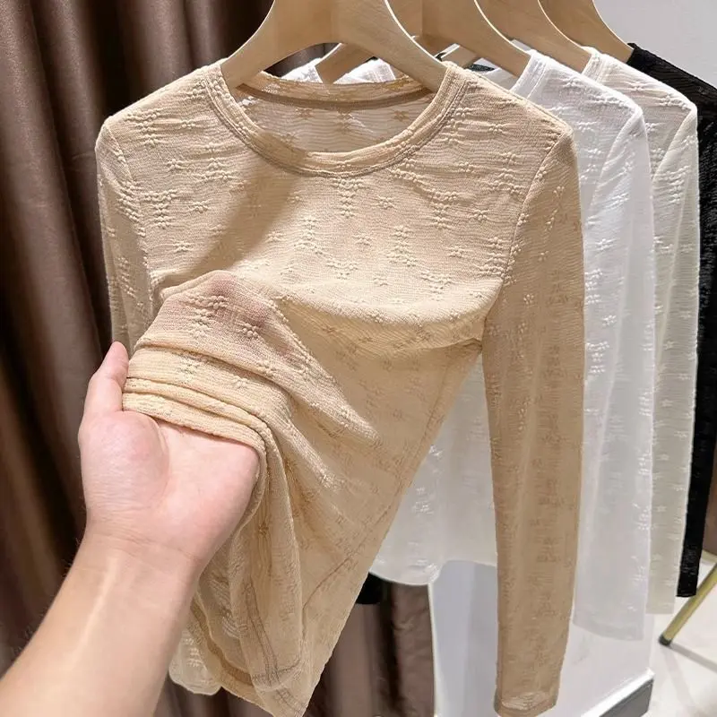 Áo Thun Ren, Dành Cho Nữ, Phong Cách Hàn Quốc, Mỏng, Màu Trơn Cổ Tròn, Áo Dài Tay