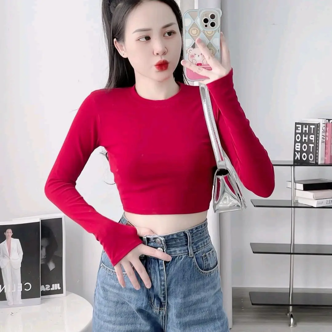 Áo CROP top nữ ,cotton tay dài 40kg-57kg Nữ Women Voi  đời thường  áo thun  Nhung Jean Nhung Croptop