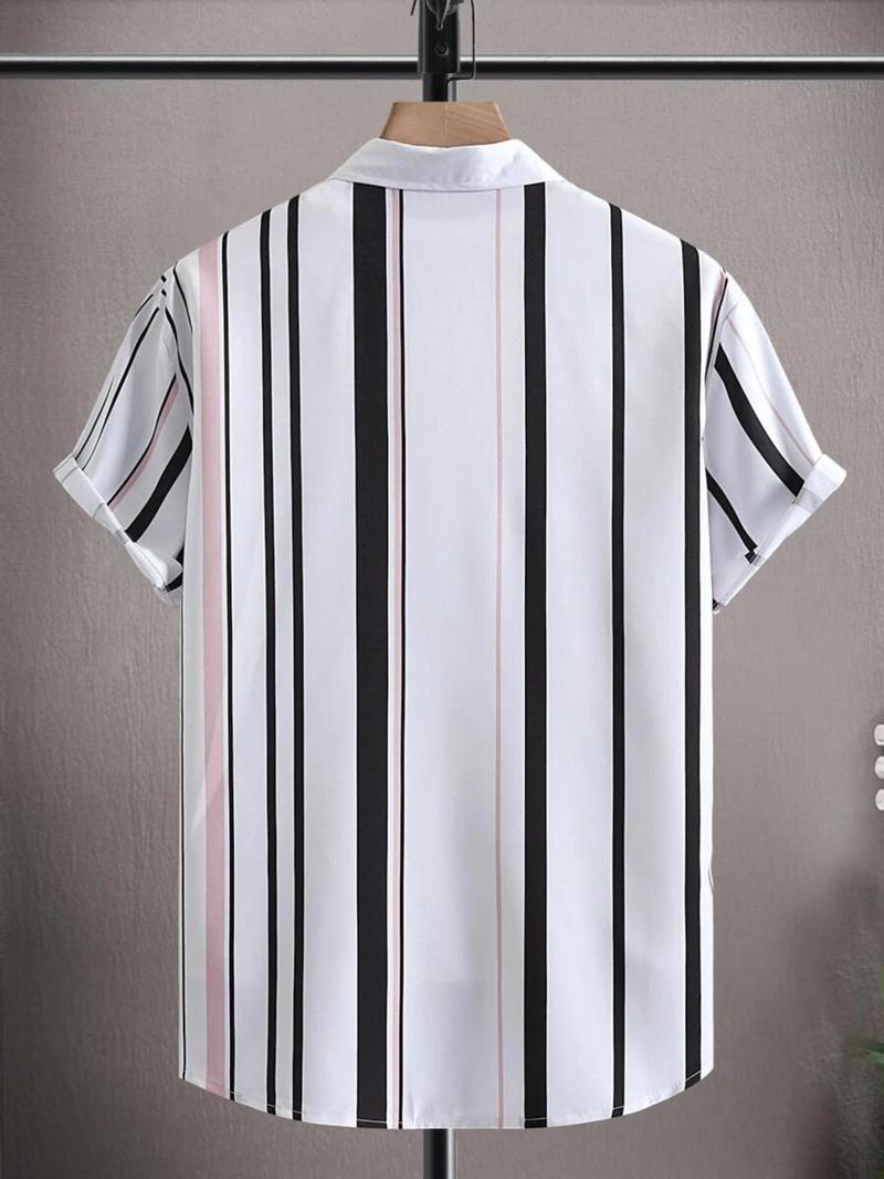 Product Introduction of Men's  Striped Print Short Sleeve Shirt, Regular Fit Casual Button Up Top for Summer, Fashion Men's Top for Daily Wear 2