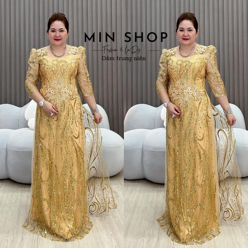 Áo dài dạ hội kim sa thiết kế cổ vuông bèo Women Nữ Dress Voi Voan - MIN SHOP