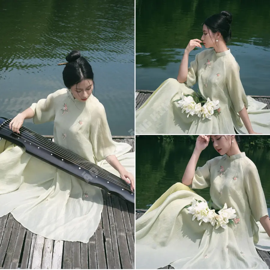 Áo dài cách tân nữ dáng suông 4 tà lót lụa thêu hoa nhí phối tay raglan Bigsize, Áo dài nữ truyền thống Xanh Cốm Nhã Lan