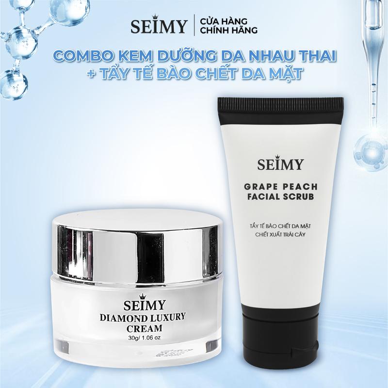 Combo Kem Dưỡng Da Nhau Thai SEIMY- Diamond Luxury Cream Kèm Tẩy Tế Bào Chết Da Mặt Grape Peach Facial Scrub Skincare