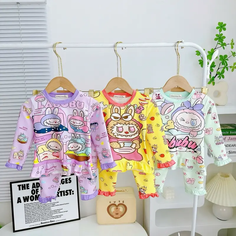 FREESHIP- Bộ Dài Tay Cho Bé Gái Thun Lạnh 3D MINKOJ BABY Cho Bé Từ 7-30kg In Hoạt Hình LABUBU Chất Co Giãn 4 chiều mềm 8