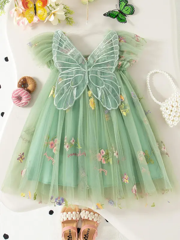 Baby Girl's Floral Embroidery Tulle Dress, Cute Butterfly Sleeve Dress for Party, Infant Toddler Kids Summer Clothes 1