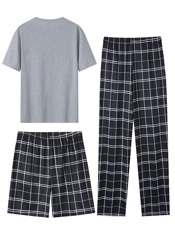 Men's Short Sleeve Plaid Print Loungewear Set, Casual Pocket Round Neck T-shirt & Pants & Shorts Pj Set, Sleepwear & Loungewear Set for All Seasons 1