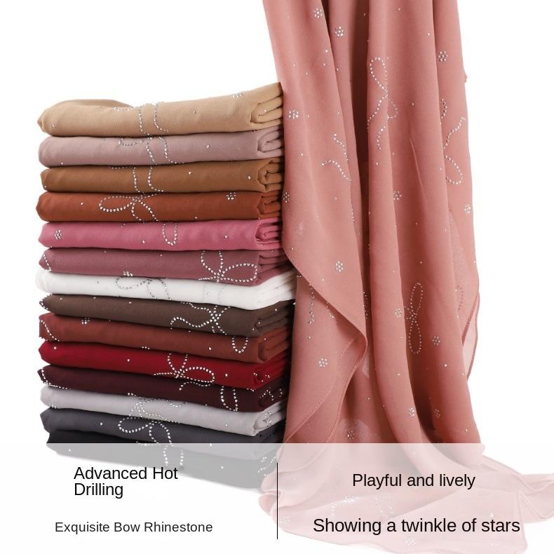 Product Introduction of High-End Heavy Craft Bowknot Rhinestone Solid Color Chiffon Long Scarf Full Rhinestone Shawl Headscarf Cape Scarf Silk Scarf for Women 1