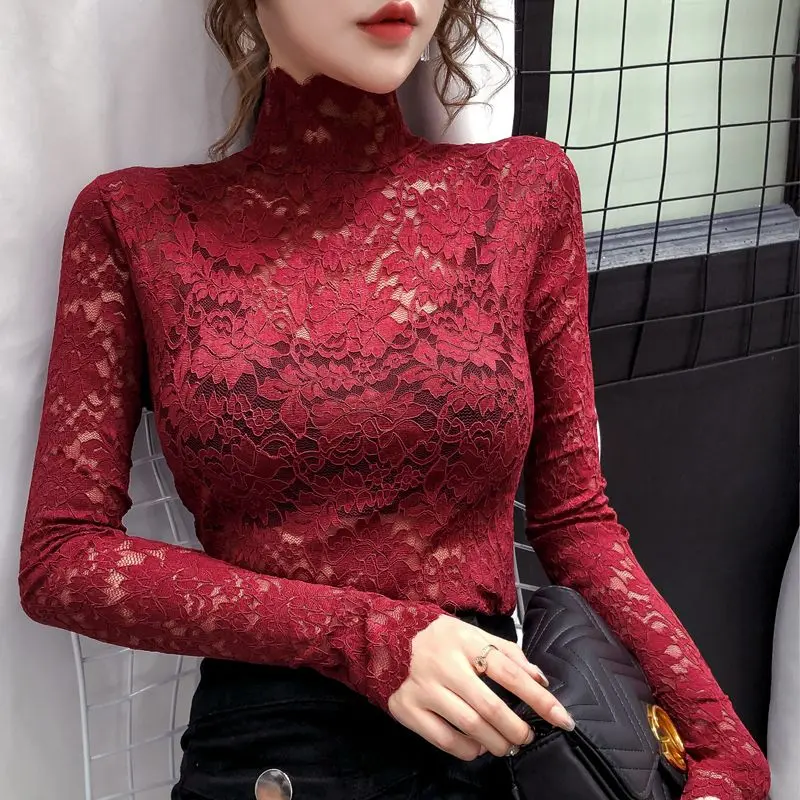 Áo Mỏng, Áo Lót Ren Cổ Cao Dành Cho Nữ, Hàng Mới Về Cho Mùa Thu Và Mùa Đông, Phong Cách Nước Ngoài, Với Lưới khoét Màu Đen, Tay Áo Dài 3