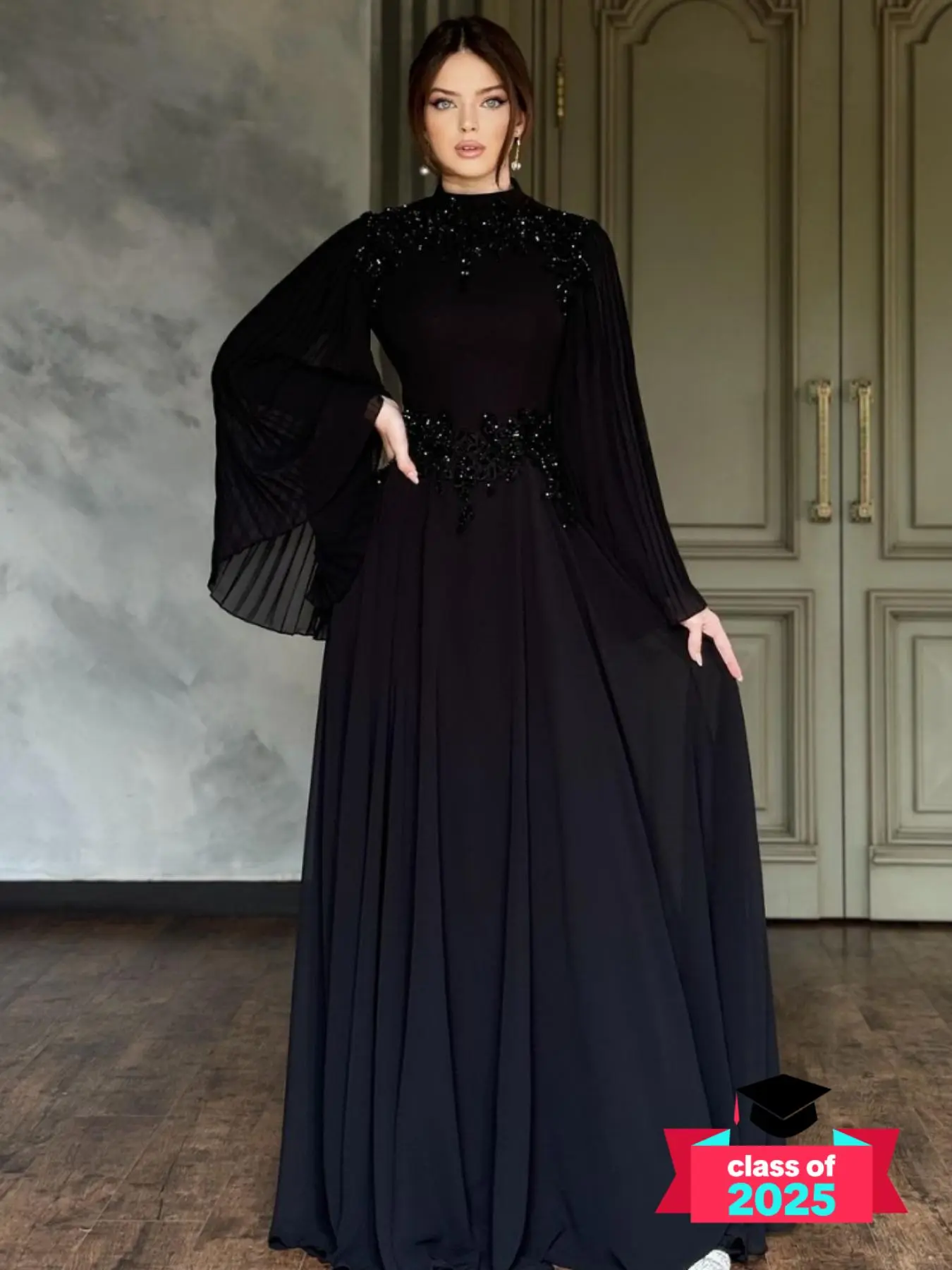 Women's Rhinestone Decor Pleated Evening Dress, Formal Elegant Flounce Sleeve Stand Collar Maxi Dress for Party Performance Wedding Guest, Ladies Spring & Fall Clothes