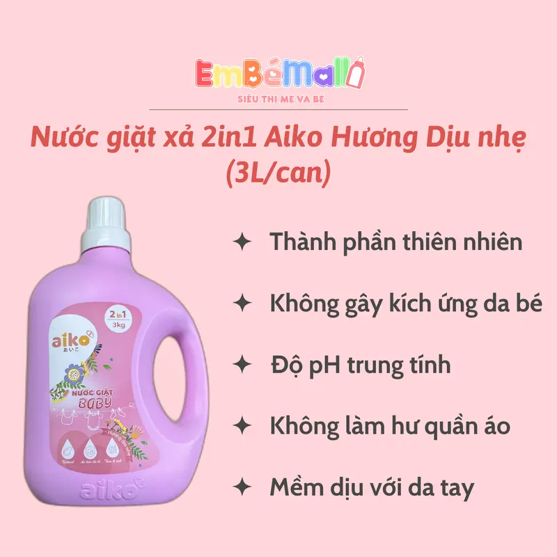 [Mua 1 tặng 1] Nước giặt xả Aiko 2in1 cho bé - Can 3 Lít   [Mua 1 can tặng 1 thêm túi 600ml] 5