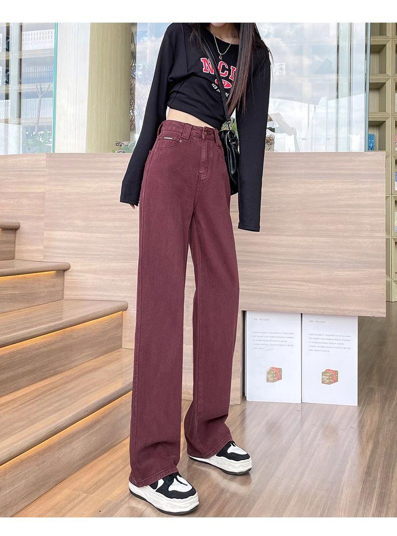 Product Introduction of Quần Jean Thẳng Màu Đỏ, Phong Cách Cổ Điển Dành Cho Nữ, Hàng Mới Về Mùa Thu 2024, Cạp Cao, Dáng Rộng thụng, Ôm Sát, Quần Ống Rộng 11