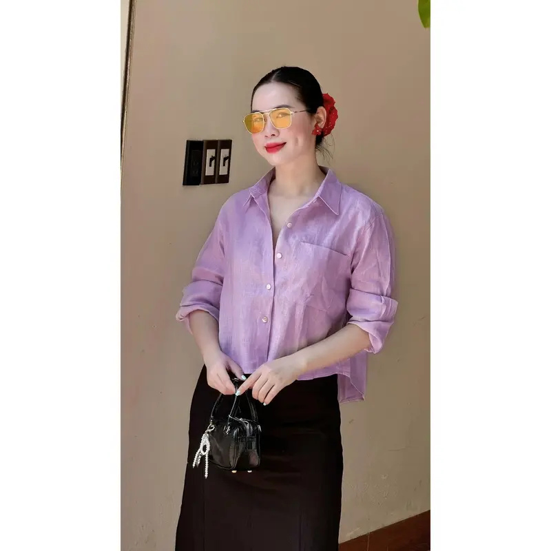 Product Introduction of ☘️ A110-ÁO SƠ MI TÍM GU VẠT ĐÍNH NƠ SAU 🌺 0