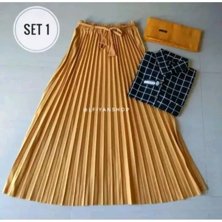 setelan Wanita rok plisket premium kemeja kotak kotak kancing lengan Panjang dan kerudung bela square 6