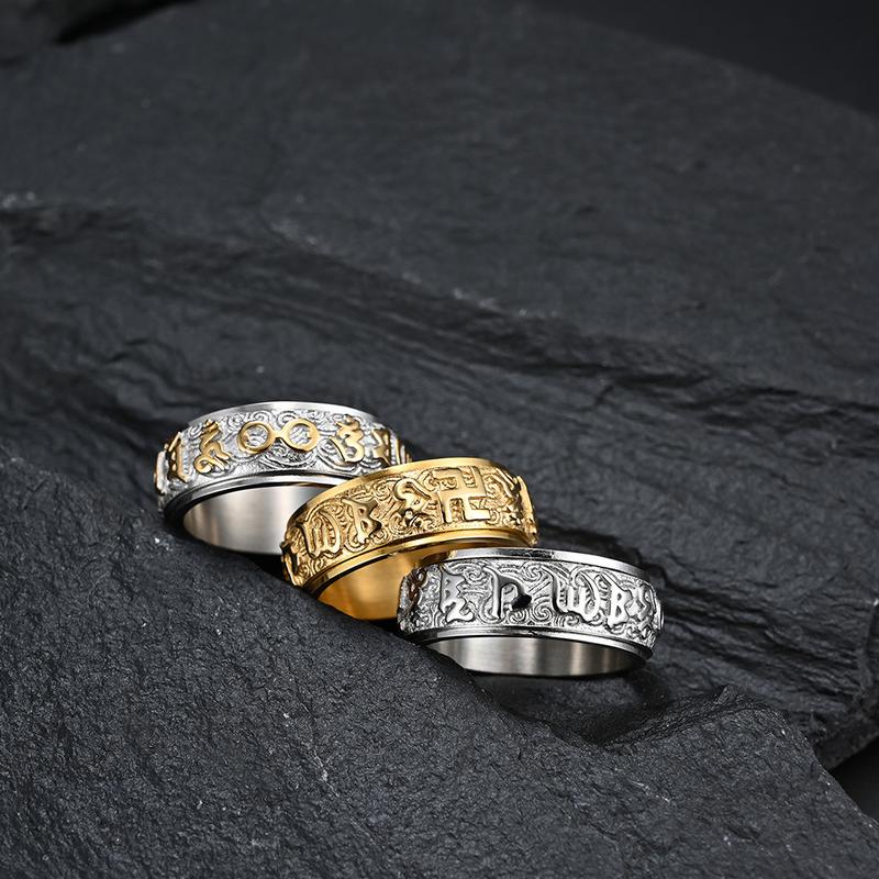 Product Introduction of Buddha Sutra Text Six Words Of Truth Titanium Steel Ring Men And Women With The Same Style Can Be Rotated Lotus Auspicious Cloud Pattern Index Finger Ring 7