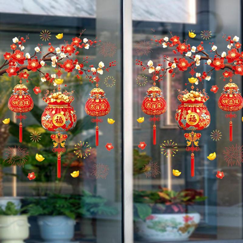 DECAL TẾT - HÍT TĨNH ĐIỆN Dán Kính Cặp Mai Đỏ Túi Vàng Lớn-Không Keo