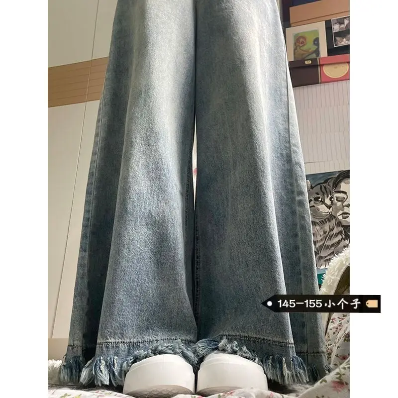 Quần Dài Jean Ống Rộng Nữ, Cạp Cao, Thiết Kế Tua Rua, Hàng Mới Về Mùa Thu, Phong Cách Instagram, Cắt Rộng Nhỏ, Thẳng Và Bó Sát, Quần quét đất Nhà, Hợp Xu hướng