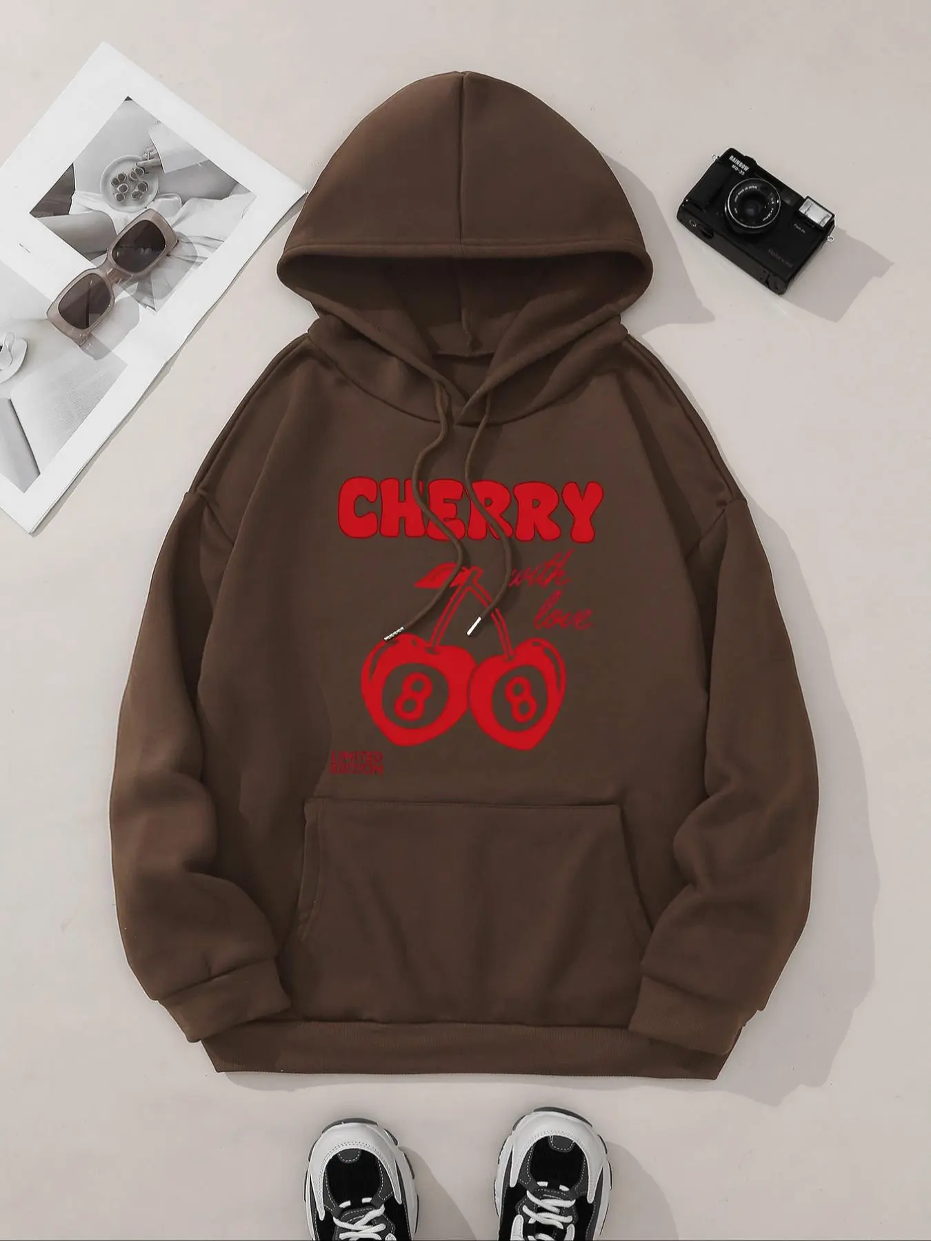 Women's Cherry & Letter Print Drop Shoulder Hoodie, Fashion Casual Drawstring Pocket Hooded Sweatshirt for Daily Holiday Outdoor Wear, Ladies Clothes for Spring & Fall
