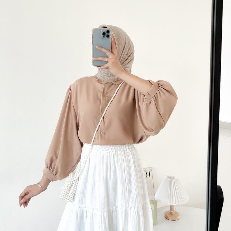 Setelan Blouse Kemeja Elze Atasan Wanita Shakila Twill dan Bawahan Rok Payung 7