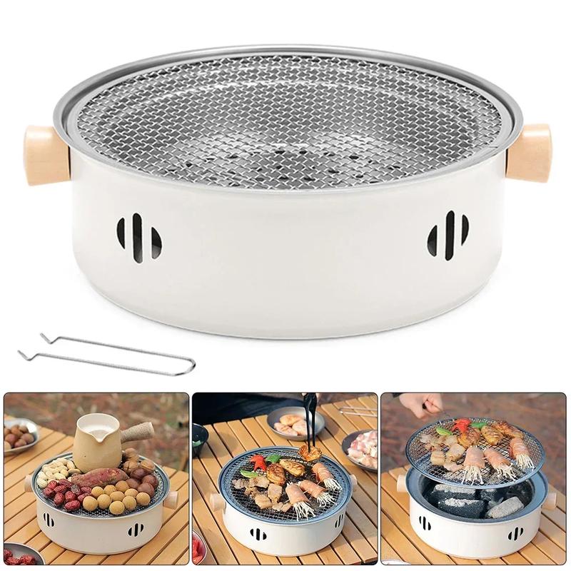 Product Introduction of 28cm (carbon-free) Portable Round Barbecue Grill with Barbed Wire Grill Non-stick Baking Tray Desktop Household Camping Barbecue Tools 2