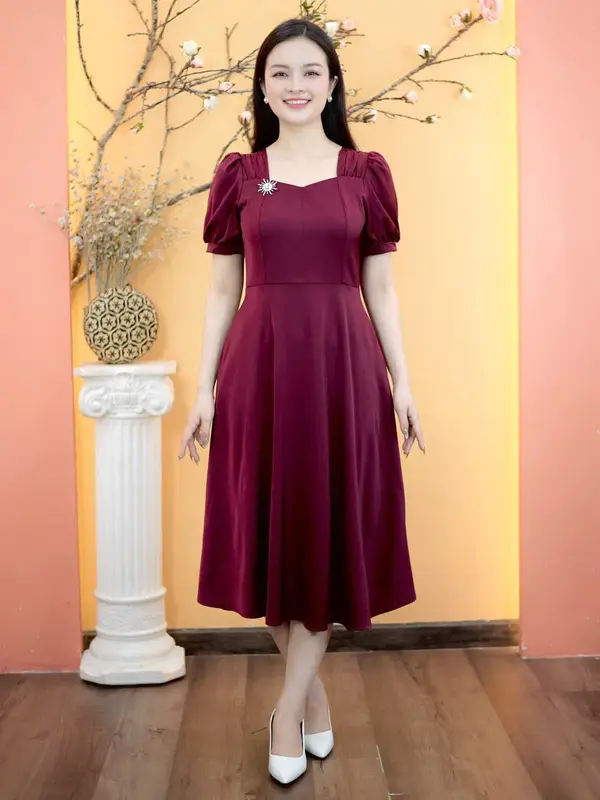 Sale giữa tháng mua sắm đầm đẹp săn đầm liền tay Đầm trung niên TTV1773 Vải  Lụa Nhung Thoáng mát Dáng xòe Cổ vuông tim Tay ngắn Màu đỏ rượu và màu nâu cafe  Quý phái sang trọng Nữ Women Dress Váy 0