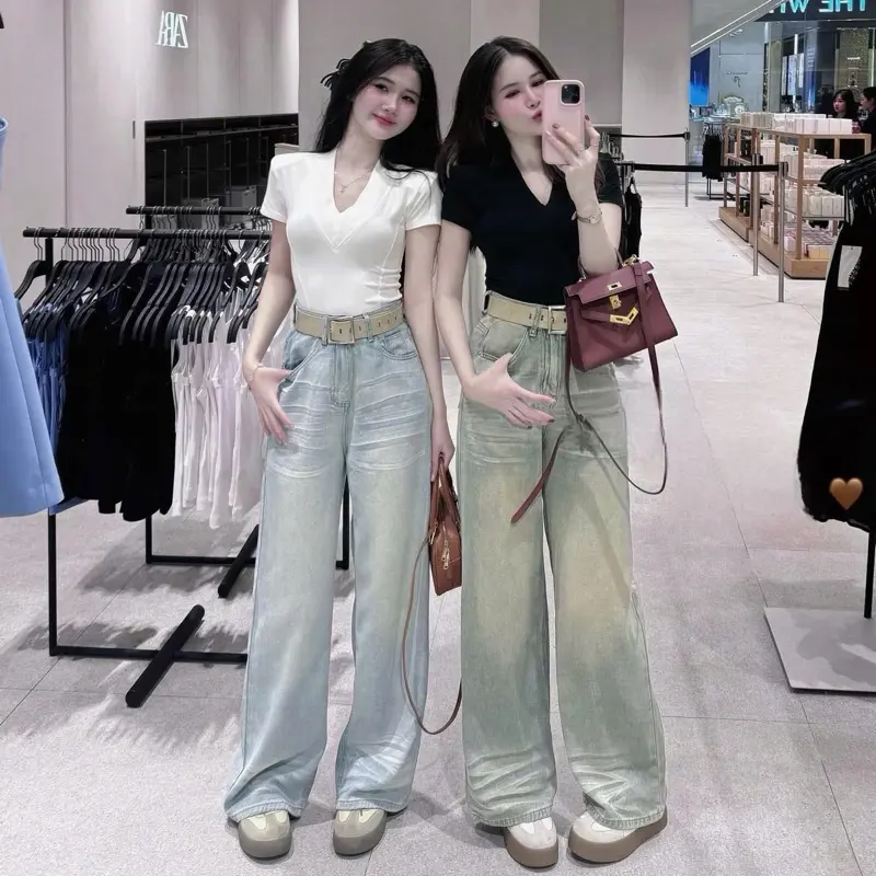 Lynk Nhi • Quần Jeans Nữ Ống Xuông Loang Màu Tặng Kèm Đai 2 Màu ( Hàng QCCC) #9379