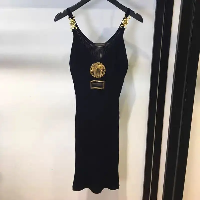Đầm Bodycon Dệt Kim, Sang Trọng Và Gợi Cảm, Thêu Chân Dung, In Tên Đầu Tư, Cổ Chữ V, Dây Đeo Spaghetti Khóa Kim Loại, Màu Vàng Kim Nữ Women