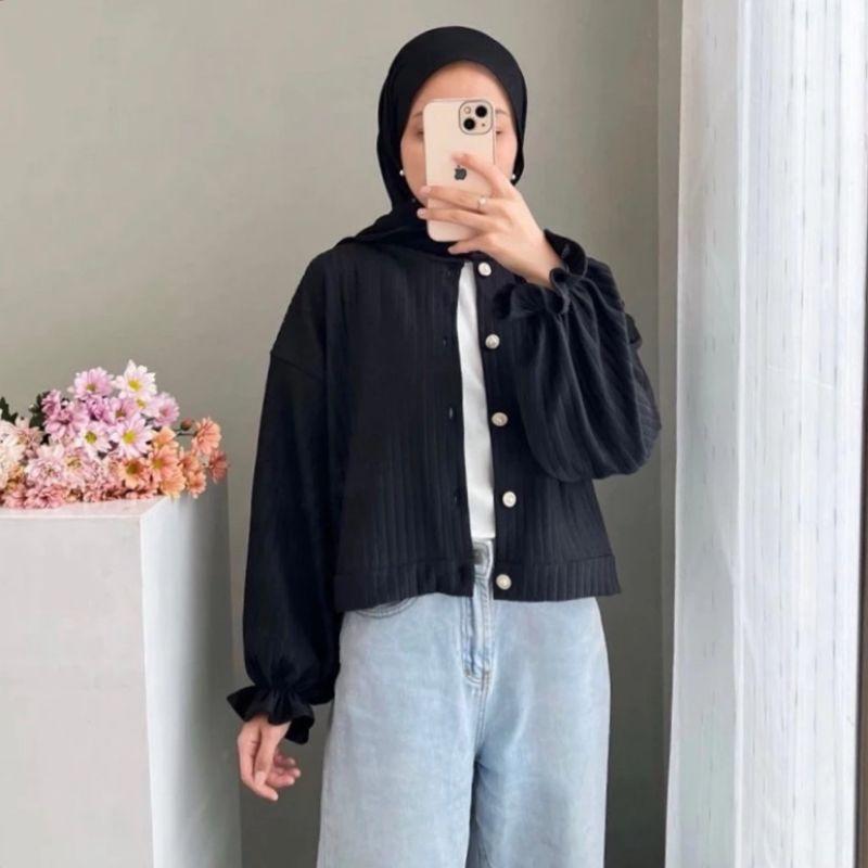 Cardigan Hornet Puffy Knit Korean Style Outer Button Kancing Vintage Wanita Atasan Casual Knitwear 6