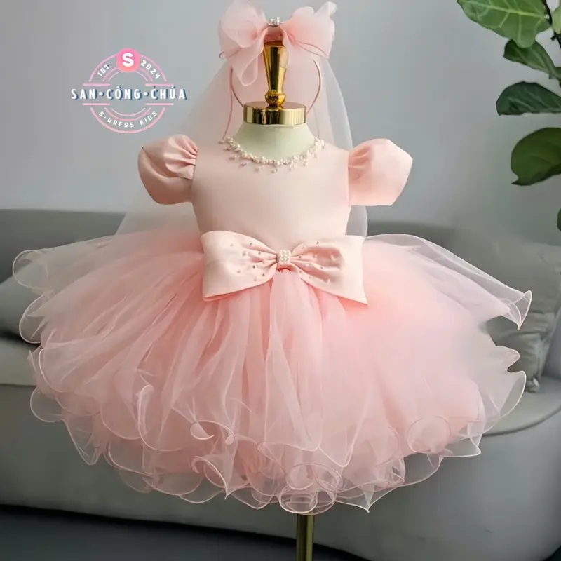 S20. Váy Công Chúa Tùng Chân Cước (Hồng/Trắng) Cho Bé Gái