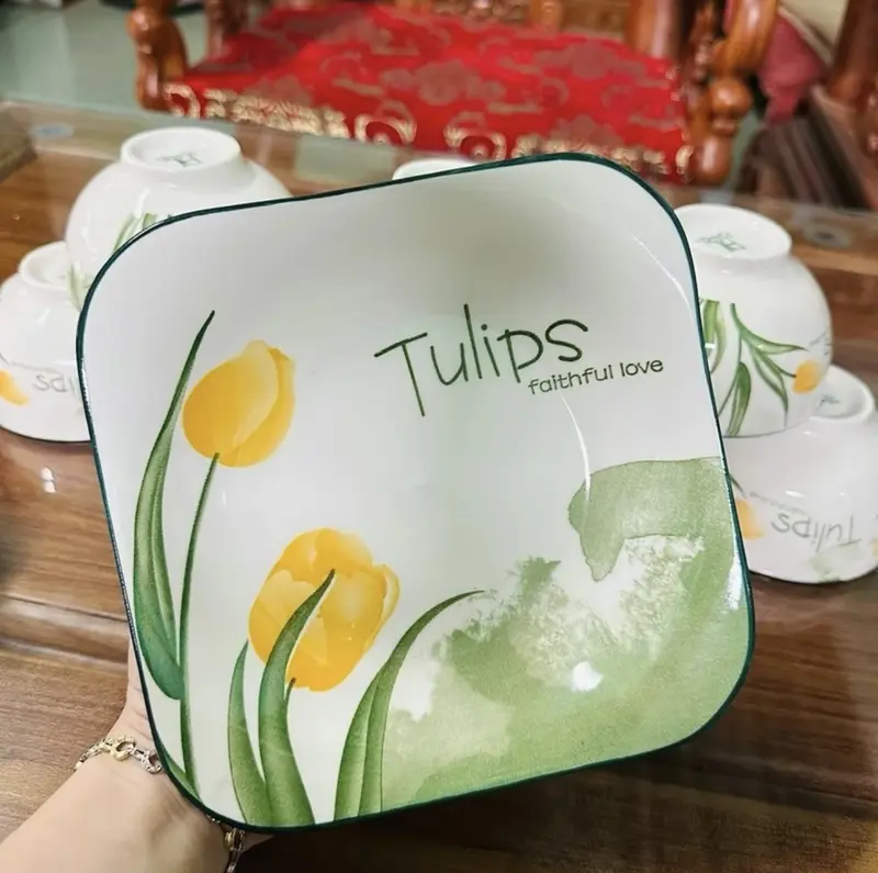Bộ bát đĩa hoa tuylip 21 món siêu đẹp, bộ bát đĩa thủy tinh đẹp 3