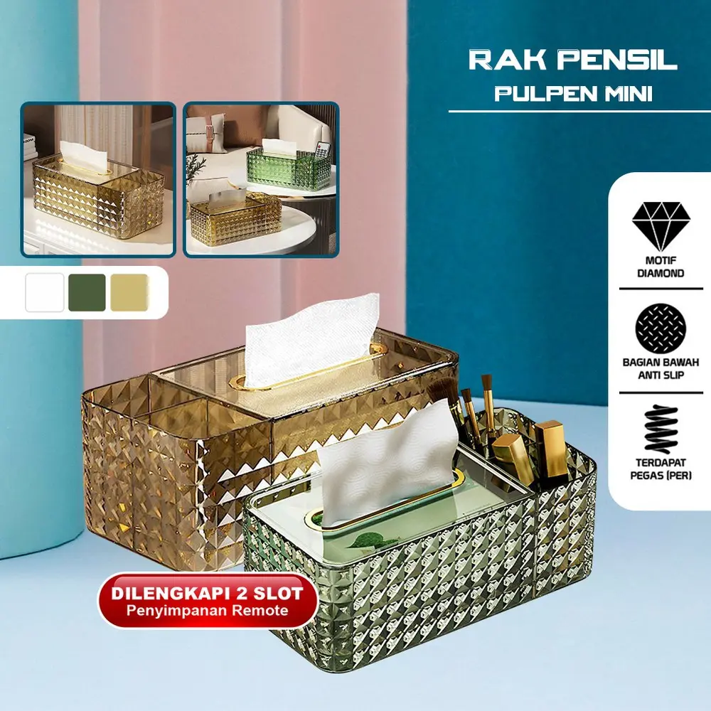 Kotak Tisu Diamond Serbaguna Kotak Tisu Elegan Multifungsi Dengan 2 Slot
