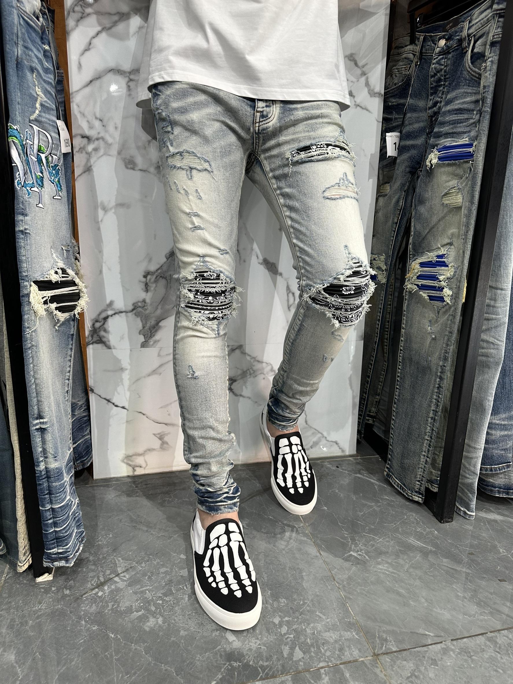 กางเกงยีนส์ขายาว Amiri ลายเข่า AM5250 จาก Om Shop ผ้าวูล เวฟ ผ้า หนา นุ่ม ไม่ ต้อง รีด ขาย ส่ง เกง ข