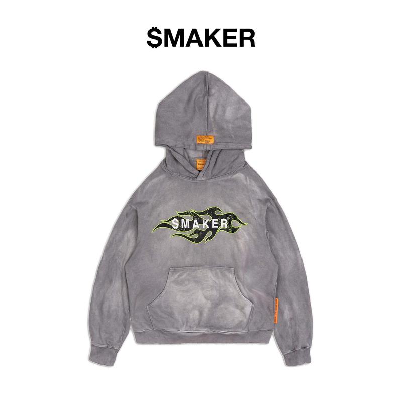   SMAKER  Áo hoodie xám 100% cotton washed oversize - TRIBAL LOGO WASHED HOODIE IN GREY 