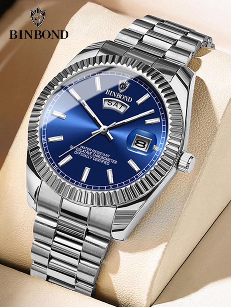Product Introduction of Men's Business Fashion Round Dial Stainless Steel Strap Quartz Watch, Fashion Watch for Party, Daily Clothing Decor, Trendy All-match & Exquisite Watch for Birthday Gift with Box 0